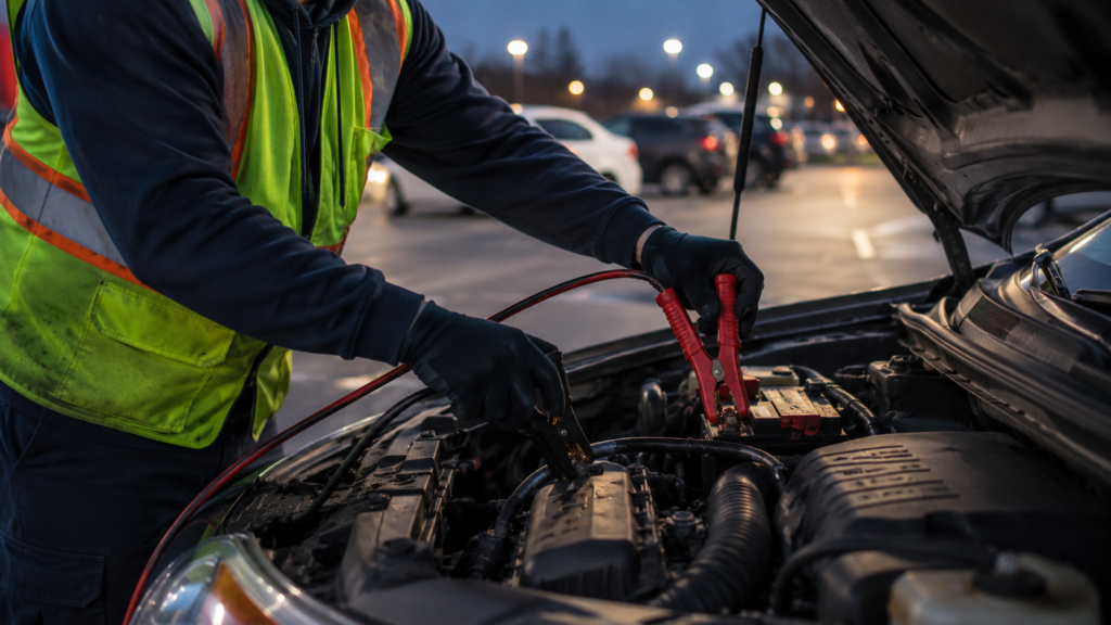 Technician checking car battery terminals for corrosion