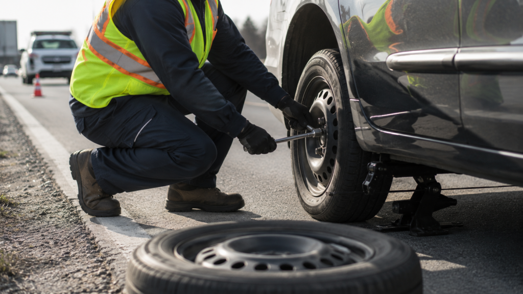 Technician changing a flat tire roadside in East Orange NJ