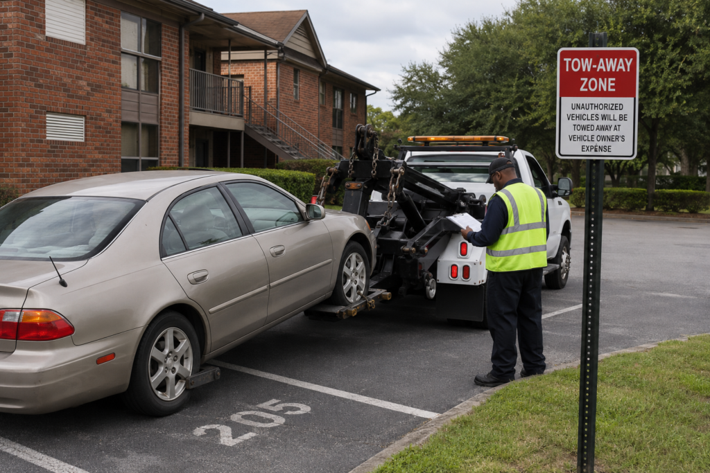 Tow truck removing unauthorized vehicle from private parking lot