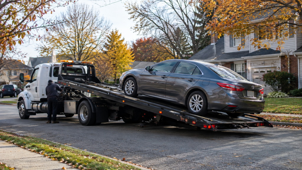 Flatbed tow truck loading a car on a residential street in Clark, NJ