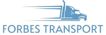 Modern blue Forbes Transport logo featuring a streamlined semi-truck with motion lines representing professional freight, logistics, and transportation services.
